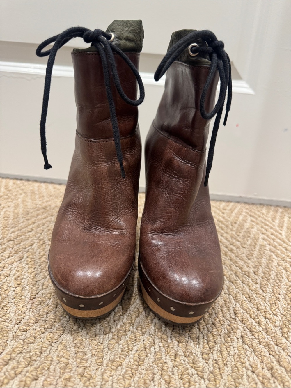 Vintage Marni « Tronchetto » Brown Leather and Wood Platform Ankle Boots Size 37